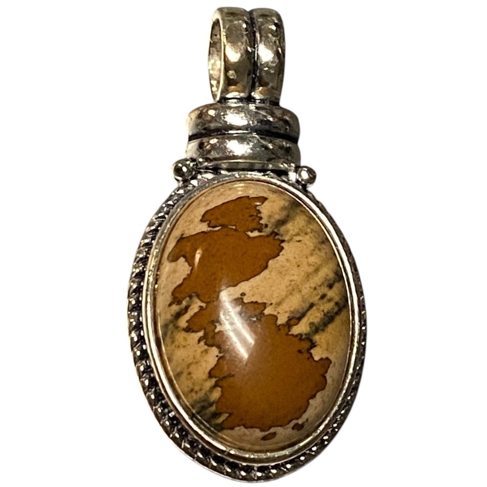 2” Vintage Tiger's Eye Oval Cabochon Pendant Roman Signed Antique Gold Tone Boho